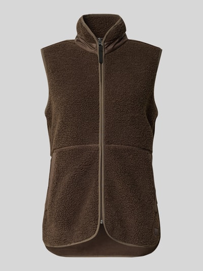 Productfoto, bruine Fleece bodywarmer met opstaande kraag, ritssluiting, regular fit, Didriksons Model 'SIV', Dames, ruglengte 67 cm, schouderbreedte 38 cm, borstwijdte 48 cm.