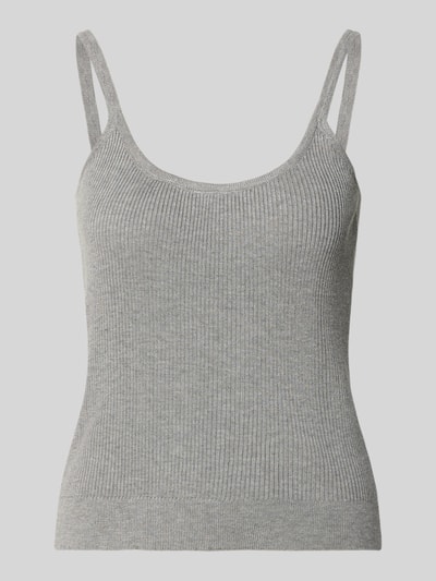 Produktfoto, graues Tanktop aus Viskose-Mix mit Rundhalsausschnitt, Feinripp-Struktur, körpernaher Schnitt, tiefer Rückenausschnitt, Rückenlänge 34 cm bei Größe S, Tanktop aus Viskose-Mix mit tiefem Rückenausschnitt von Karo Kauer