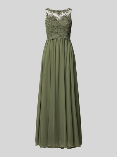 Produktfoto, Midikleid mit Spitze und Ziersteinbesatz von Laona in Olivgrün aus Chiffon, A-Linie, rückseitiger Reißverschluss, Rückenlänge 123 cm, Brustweite 32 cm bei Größe 36.