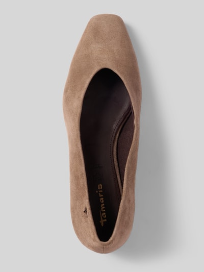 Produktfoto, Ballerina aus echtem Rindsleder von Tamaris in beige-brauner Wildleder-Optik mit weicher Struktur und quadratischer Zehenpartie.
