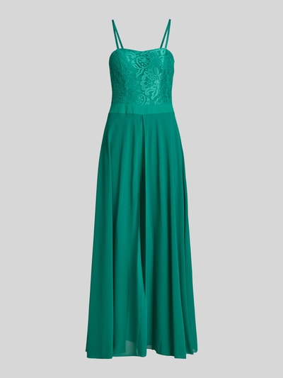 Produktfoto, Jumpsuit mit Spitze und Spaghettiträgern von Rinascimento in kräftigem Grün, taillierter Schnitt, strukturierte Spitze, fließende Stofftextur