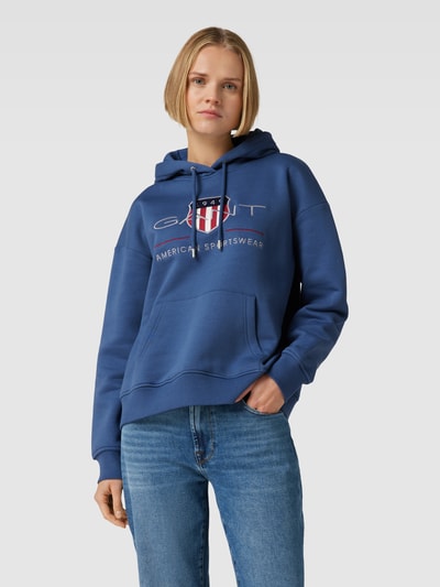 Gant Hoodie met labelstitching en kangoeroezak Rookblauw - 4