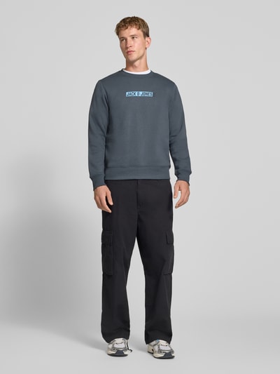 Männermodel trägt Regular Fit Sweatshirt mit Baumwoll-Anteil Modell 'Munk' von JACK & JONES, Logo-Print, Ganzkörperansicht von vorne.