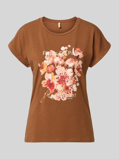 Produktfoto, Damen T-Shirt mit Motiv-Print Modell 'RINA' von Soyaconcept aus Baumwoll-Elasthan-Mix in Braun, Rundhalsausschnitt, Regular-Fit, Ärmel mit Aufschlag, Rückenlänge bei Größe S 61 cm, floraler Print, glatte Textur