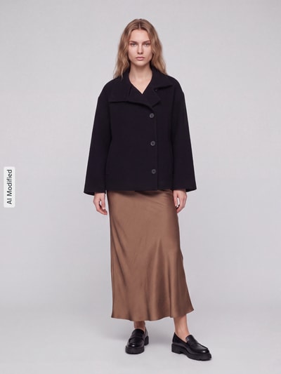 Frauenmodel trägt Loose Fit Kurzmantel aus Wolle Modell 'MAJELAA WOOL' von ARMEDANGELS, unifarben, Filz, Ganzkörperansicht von vorne, KI-modifiziertes Bild