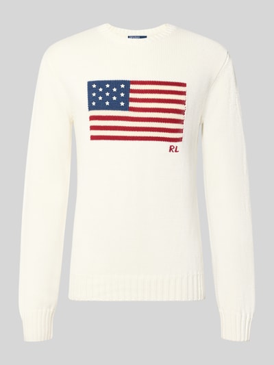 Productfoto, Regular Fit Pullover uit puur katoen van Polo Ralph Lauren in gebroken wit met gebreide Amerikaanse vlag, gladde textuur
