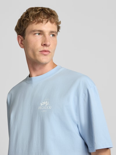 Männermodel trägt Oversized T-Shirt mit Backprint und Rundhalsausschnitt von PEGADOR in Hellblau, reine Baumwolle, Nahaufnahme Oberkörper.