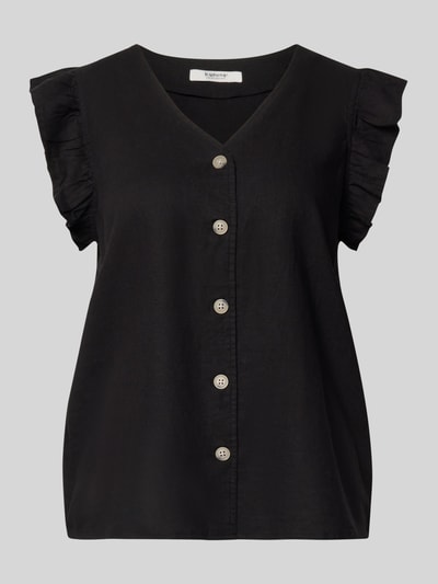 Produktfoto, Regular Fit Bluse aus Leinen-Viskose-Mix mit Rüschen von B.Young in Schwarz, silberfarbene Knopfleiste, strukturierte Oberfläche