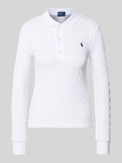 Produktfoto, Strickpullover mit Zopfmuster und Polokragen von Polo Ralph Lauren, Reine Baumwolle, Slim Fit, Label-Stitching, Knopfleiste, weiß.