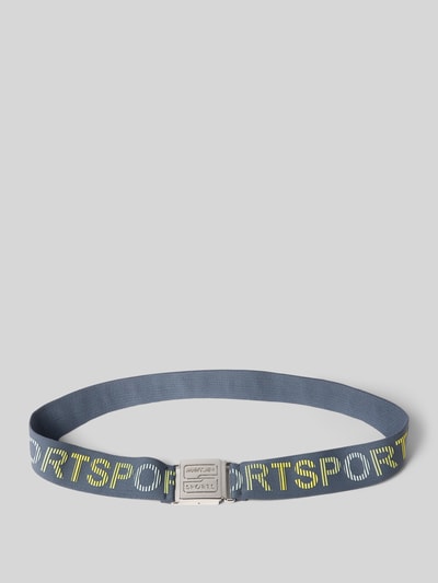 Produktfoto, Gürtel mit Logo-Detail von Marc Cain aus elastischem Material, blaue Farbe, Schnalle mit Logo-Prägung, Breite 4 cm, gelbe und weiße Akzentbuchstaben