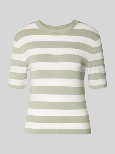 Produktfoto, Strickshirt mit Rundhalsausschnitt Modell 'Maria' von GUIDO MARIA KRETSCHMER WOMAN aus Viskose-Mix mit Stretch, weiß-grüne Streifen, Regular Fit, feine Stricktextur auf neutralem Hintergrund