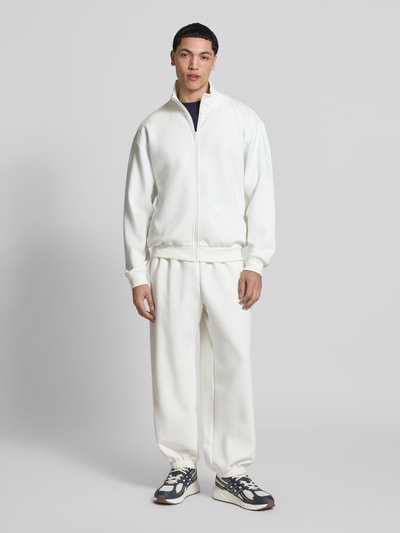Männermodel trägt Regular Fit Sweatjacke aus reiner Baumwolle von adidas Sportswear in Unifarbe mit Stehkragen, Ganzkörperansicht von vorne.