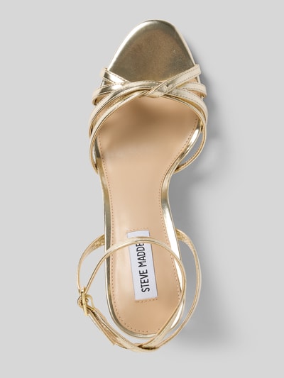 Produktfoto, glänzende Sandaletten mit Pfennigabsatz Modell 'Nile' von Steve Madden in Gold, offene Ferse, abgerundete Passform, Absatzhöhe 9 cm, Schafthöhe 8 cm, Schaftweite 6 cm