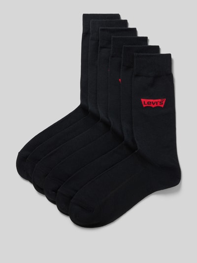 Produktfoto, schwarze Socken aus Baumwoll-Mix im 6er-Pack von Levi's®, rote Logo-Stickerei, glatte Struktur, Herren Socken