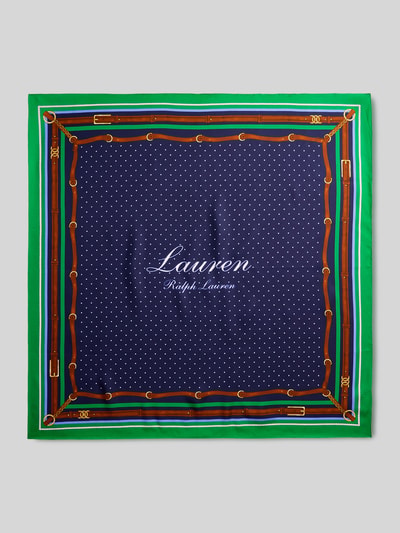 Produktfoto, Tuch aus reiner Seide von Lauren Ralph Lauren, granatowy z zieloną ramką, wzór allover, naszywka z logo, czysta jedwabna tkanina