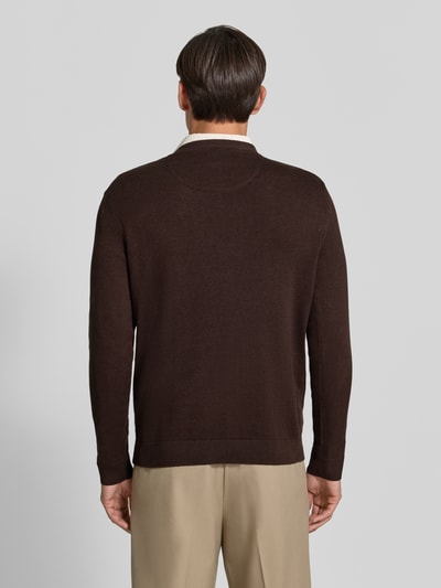 Männermodel trägt Regular Fit Pullover aus reiner Baumwolle von Tom Tailor in Dunkelbraun, glatte Struktur, Ganzkörperansicht Rückansicht. Herren Pullover von Tom Tailor.