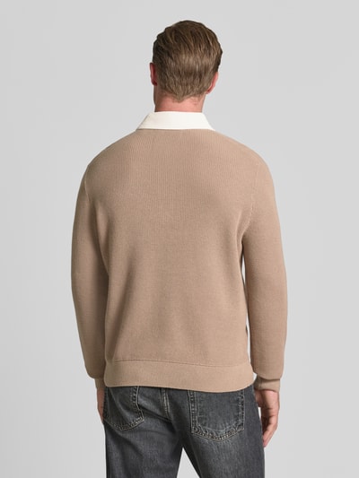 Männermodel trägt beigen Regular Fit Pullover aus Baumwoll-Woll-Mix von GANT, strukturierte Oberfläche, Ganzkörperansicht Rückansicht.