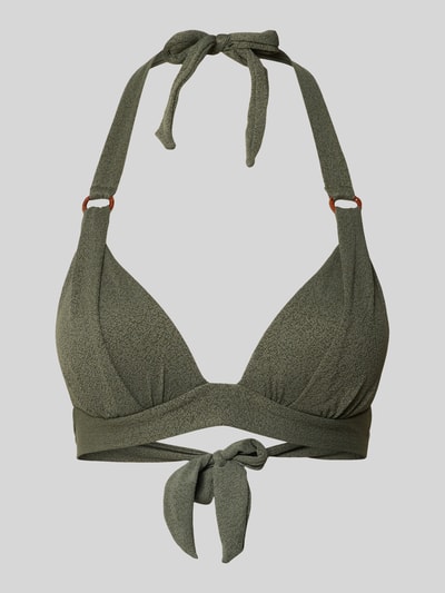 Produktfoto, Bikini-Oberteil mit Label-Detail Modell 'MAHO' von Banana Moon in Olivgrün, Material-Mix mit Stretch-Anteil, Neckholder, Schnürverschluss