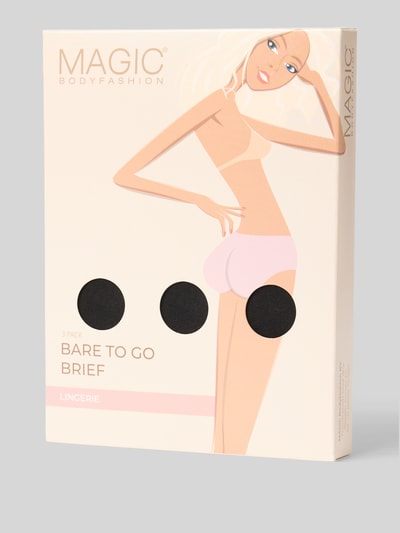 Produktfoto, verpakking in lichte kleuren met illustratie van vrouw, bevat Slip im 3er-Pack Modell 'Baretogo' van MAGIC Bodyfashion, katoenmix met lyocell, nauwsluitende pasvorm, elastische band, set van 3.
