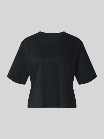 Produktfoto, schwarzes Relaxed Fit T-Shirt aus elastischem Baumwoll-Mix von Fabletics, Rundhalsausschnitt, kurze Ärmel, glatte Textur.