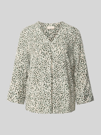 Produktfoto, Bluse aus reiner Viskose Modell 'Adney' von FREE/QUENT, lockere Passform, V-Ausschnitt, 3/4-Arm, weiß mit grünem Muster, leichte Textur, raffinierte Raffungen, Rückenlänge 69 cm, Ärmellänge 48 cm
