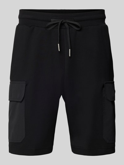 Produktfoto, Regular Fit Shorts mit Cargo-Taschen von Antony Morato z bawełnianej mieszanki, krój regular fit, elastyczny pas ze sznurkiem, kieszenie boczne i tylne, długość nogawki 23 cm w rozmiarze M, czarne, proste nogawki, struktura gładka