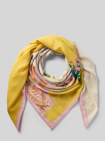 Produktfoto, Schal aus Seiden-Kaschmir-Mix Modell 'Jolk' von HERZENS, rechteckige Passform, floraler Allover-Print in Gelb und Pastelltönen, glatte Textur, Breite 130 cm, Länge 130 cm.