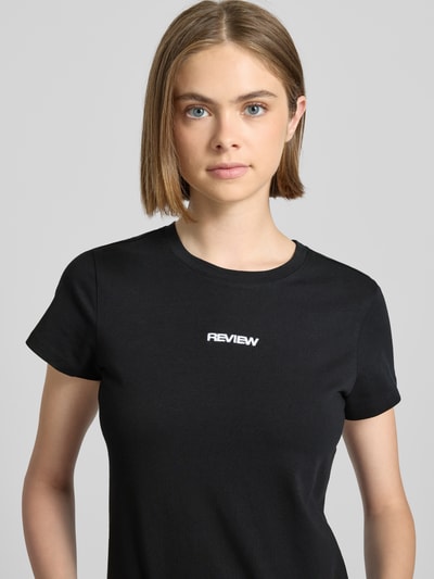 Review T-shirt met labelstitching en ronde hals Zwart - 3