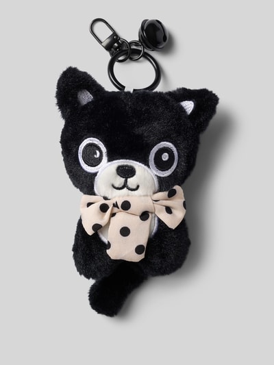 Produktfoto, schwarzer Plüsch-Schlüsselanhänger mit cremefarbener Zierschleife, Karabinerhaken und Glocke, Modell 'My Fluffy Cat' von Seidenfelt