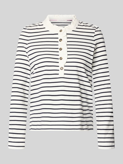 Produktfoto, Longsleeve mit Knopfleiste und Rüschen von Christian Berg Woman aus reiner Baumwolle, weiß mit dunkelblauen Streifen, Regular Fit
