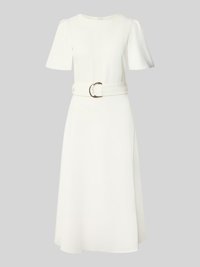 Produktfoto, Cocktailkleid mit Gürtel und Rundhalsausschnitt von Rinascimento in Weiß, Midikleid aus Material-Mix mit Stretch-Anteil, Taillierter Schnitt, Rückseitiger Reißverschluss, glatte Struktur, moderne Damenmode