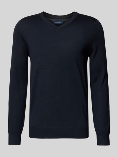 Christian Berg Men Gebreide pullover van een mix van merinowol met V-hals Marineblauw - 2