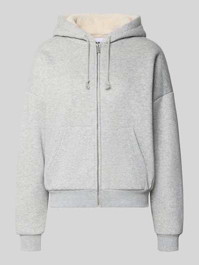 Produktfoto, Relaxed Fit Sweatjacke aus Baumwoll-Mix mit Teddyfutter von REVIEW, hellgrau, Kapuze, Känguru-Tasche, elastische Abschlüsse.