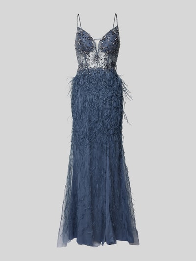 Luxuar Abendkleid mit Fransen Rauchblau 2