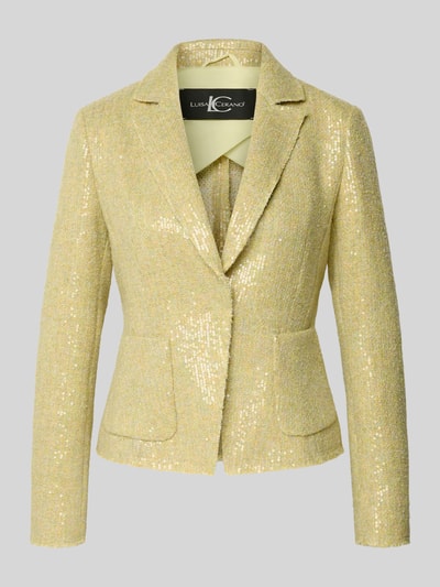 Produktfoto, Slim Fit Blazer mit Pailletten von Luisa Cerano in hellgelber Farbe, Reverskragen, aufgesetzte Taschen, glitzernde Textur