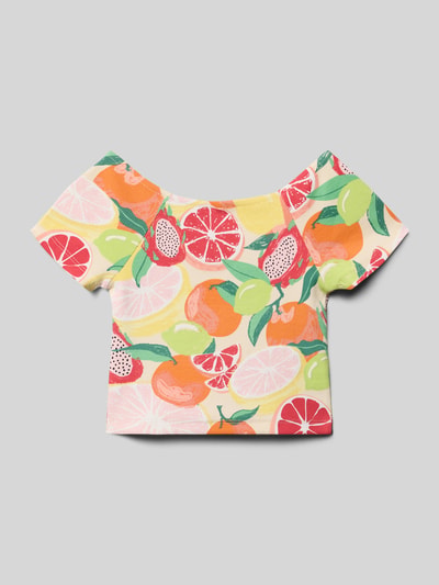 Produktfoto, Regular Fit T-Shirt aus Baumwoll-Mix von s.Oliver RED LABEL mit buntem Allover-Fruchtmuster, Feinrippstruktur, kurzarm