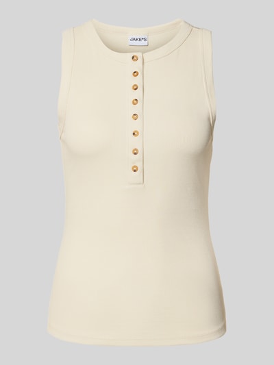 Produktfoto, Tanktop mit Knopfleiste von Jake*s Casual in Creme, Baumwoll-Elasthan-Mix, Ripp-Optik, Slim-Fit, Rundhalsausschnitt, Rückenlänge 53 cm bei Größe S.