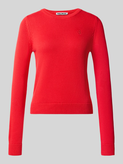 Produktfoto, Slim Fit Pullover aus reiner Baumwolle von REVIEW, rot, Strick-Optik, Logo-Stitching, glatte Struktur, Damen Pullover