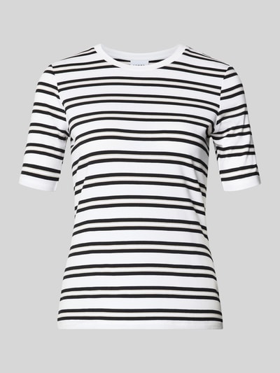Produktfoto, T-Shirt mit Rundhalsausschnitt von comma, weiß mit schwarzen Streifen, körpernaher Fit, halbärmlig, Viskose-Mix mit Stretch.