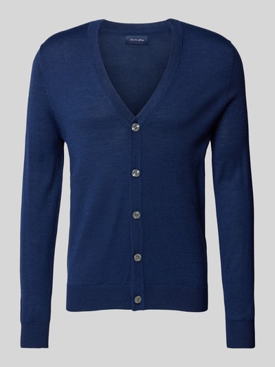 Christian Berg Men Slim fit cardigan van wolmix met V-hals Donkerblauw gemêleerd - 2