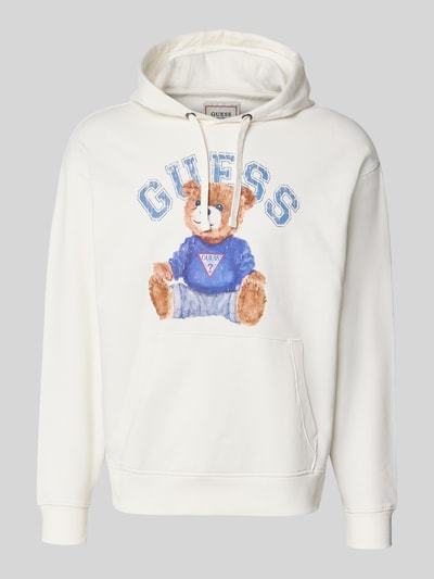 Produktfoto, Hoodie mit Label-Print und Känguru-Tasche von GUESS aus weißem Baumwoll-Mix mit Stretch-Anteil, Regular-Fit, weiche Textur.