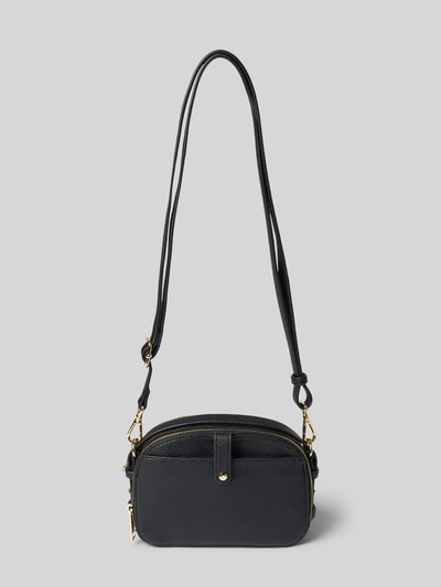 Produktfoto, Crossbody Bag aus Leder-Mix von Hey Marly in Schwarz mit goldfarbenen Details, Fächer und verstellbarem Schulterriemen, Maße 21x15x7 cm, Label-Details, kompakte Form und strukturierte Oberfläche, Schulterriemen 145 cm, Damen Crossbody