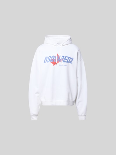 Produktfoto, weißer Relaxed Fit Hoodie mit Logo-Print von Dsquared2 aus reiner Baumwolle, Kapuze mit Tunnelzug, elastische Abschlüsse.