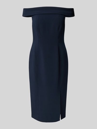 Produktfoto, Eng anliegendes Cocktailkleid mit Carmen-Ausschnitt Modell 'WOVEN-BODYCON-DRESSES' von Lauren Ralph Lauren, Optik: Unifarben, Passform: Eng anliegend, Länge: Knielang, Ausschnitt: Carmen-Ausschnitt, Trägerform: Spaghettiträger, glatte Textur, dunkelblau, dezenter Gehschlitz vorne.