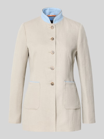 Produktfoto, Slim Fit Blazer aus Leinen-Baumwoll-Mix von WHITE LABEL, beżowy, stójka, listwa guzikowa, nakładane kieszenie, długość tyłu w rozmiarze 36: 71 cm, szerokość w rozmiarze 36: 44 cm, długość rękawów w rozmiarze 36: 64 cm, mieszanka lnu i bawełny
