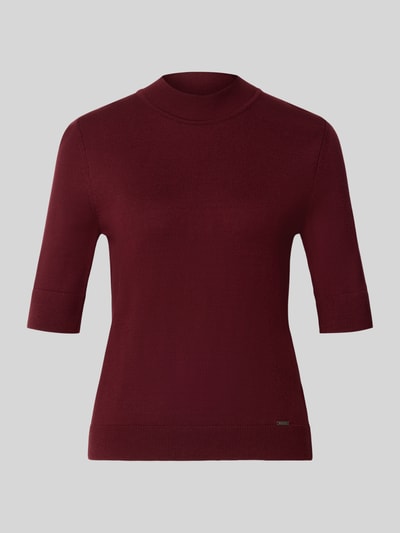 Productfoto, Strickshirt uit viscose-mix met geribde ronde halslijn van MORE & MORE, bordeauxrood, rechte fit, halve mouw, labeldetail