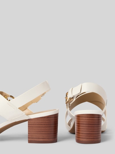 Produktfoto, Sandalette aus Leder mit Blockabsatz von MICHAEL Michael Kors, naturalna skóra, zaokrąglony czubek, pasek ze sprzączką, aplikacja z logo, obcas słupek, wysokość obcasa w rozmiarze 40: 6 cm, kolor kremowy, struktura matowa, podeszwa brązowa, modne paski