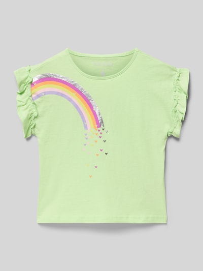 Productfoto, Regular Fit T-Shirt mit Rüschenbesatz van Blue Seven in lichtgroen katoen, ronde hals, korte mouw, regenboogprint, maat 116 ruglengte 41 cm