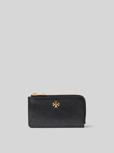 Produktfoto, Kartenetui aus echtem Leder von Tory Burch mit Schlangenmuster, Steppnähten, Münzfach, Reißverschluss, schwarz, rechteckig