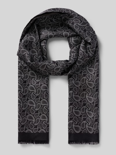 Produktfoto, Schal aus reiner Seide mit Paisley-Muster von Roeckl, rechteckig mit Kordelabschlüssen, schwarz-grau, 23 cm breit